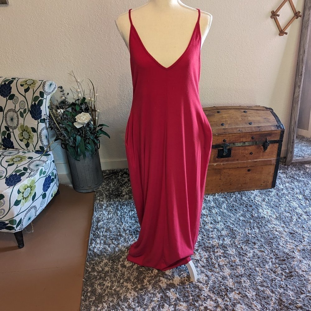 KMJ Long Red Fitted Maxi Dress | V-Neck Backless Pockets| Size M/L